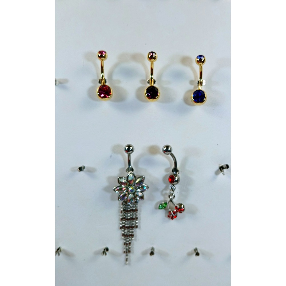 Set of 5 Navel Belly Button Rings Gold Silver Tone Floral Cherry Tassel Crystal - Picture 12 of 13